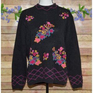 Vintage Portraits by Northern Isles Black Floral Hand Knitted Sweater Size L